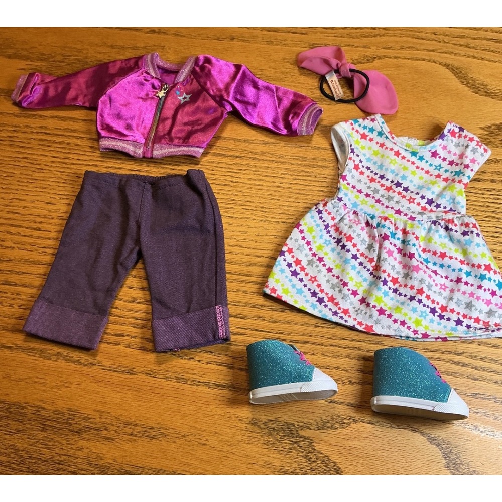 American Girl Doll Clothes Set Star Print Dress Purple Jacket Teal Shoes 5pc Lot